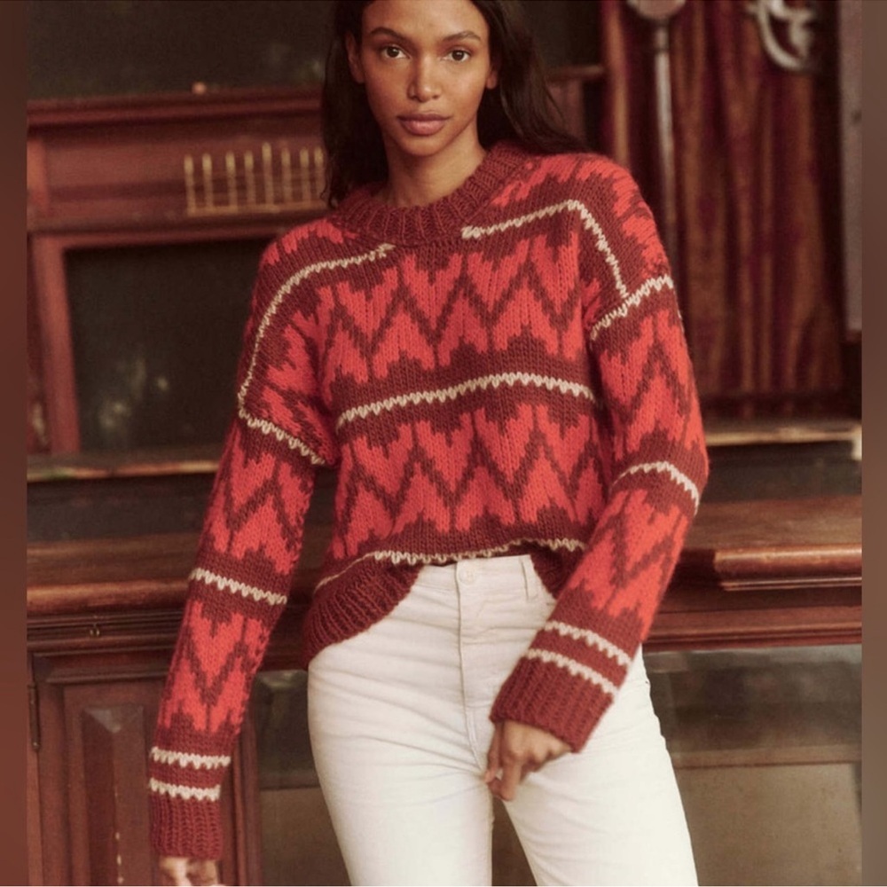 THE GREAT. Red and Brown Patterned Crewneck Sweater